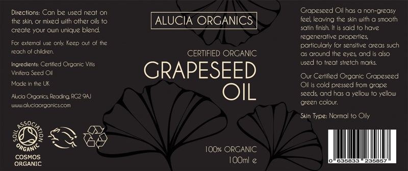 [Australia] - Alucia Organics Certified Organic Grapeseed Oil 100ml - Pure, Natural, Cold Pressed, Certified Organic, Vegan, Cruelty Free, for Skin, Face, Body, Hair, Massage 