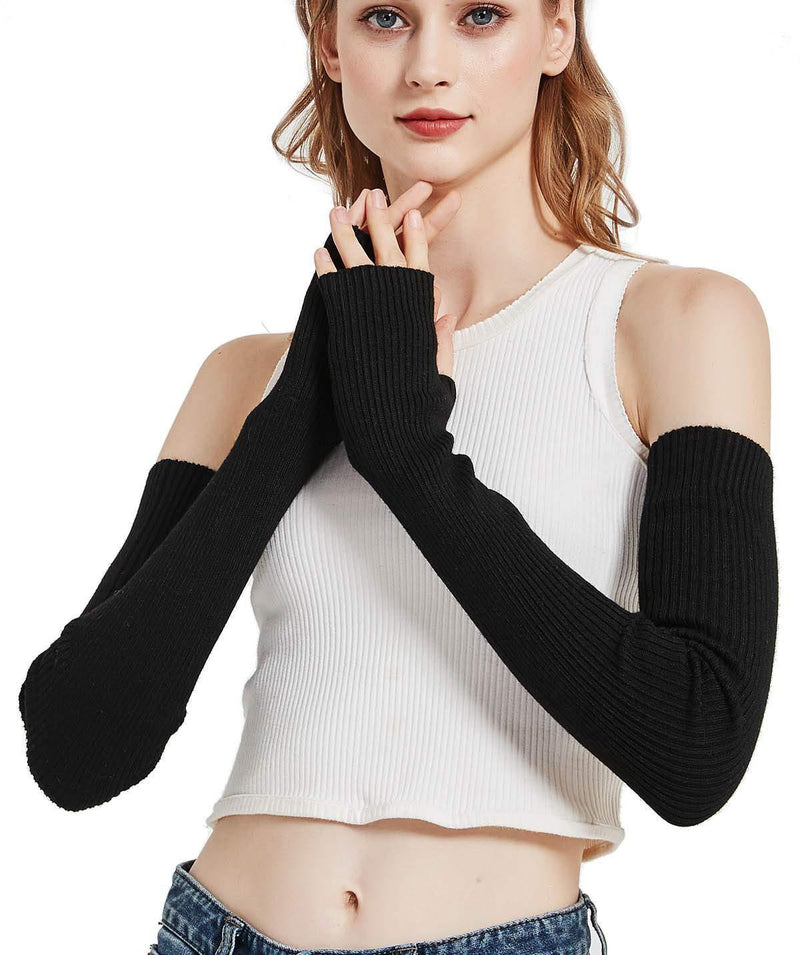[Australia] - Novawo® Women's Solid Wool Fingerless Arm Warmer Gloves Black 