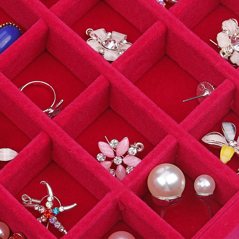 [Australia] - LANTWOO 24 Grids Velvet Glass Ring Earrings Jewelry Box Earrings Organiser Storage Holder Display Case Red 