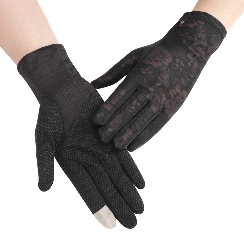 [Australia] - Ladies Summer UV Protection Driving Gloves Soft Cotton Gloves Breathable Thin Full Finger Gloves Style 1-black 