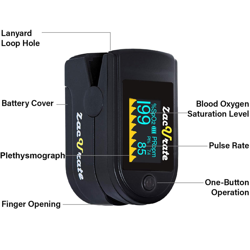 [Australia] - Zacurate 500C Elite Fingertip Pulse Oximeter Blood Oxygen Saturation Monitor with Silicon Cover, Batteries and Lanyard (Mystic Black) 