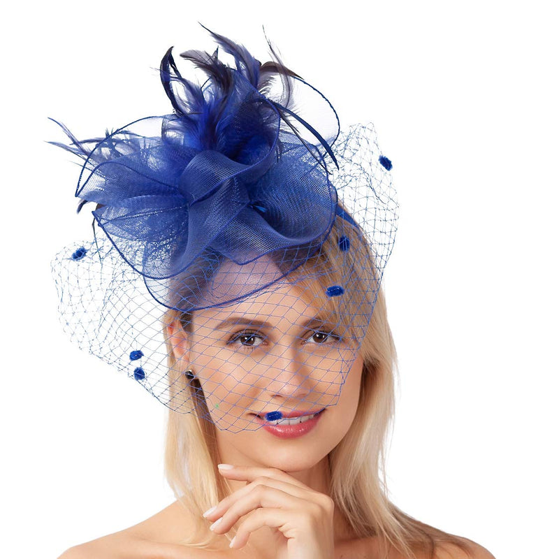 [Australia] - Fascinator Hats Mesh Feather Tea Party Kentucky Derby Hat Cocktail Wedding Headwear for Girls Women #1 Royal Blue 