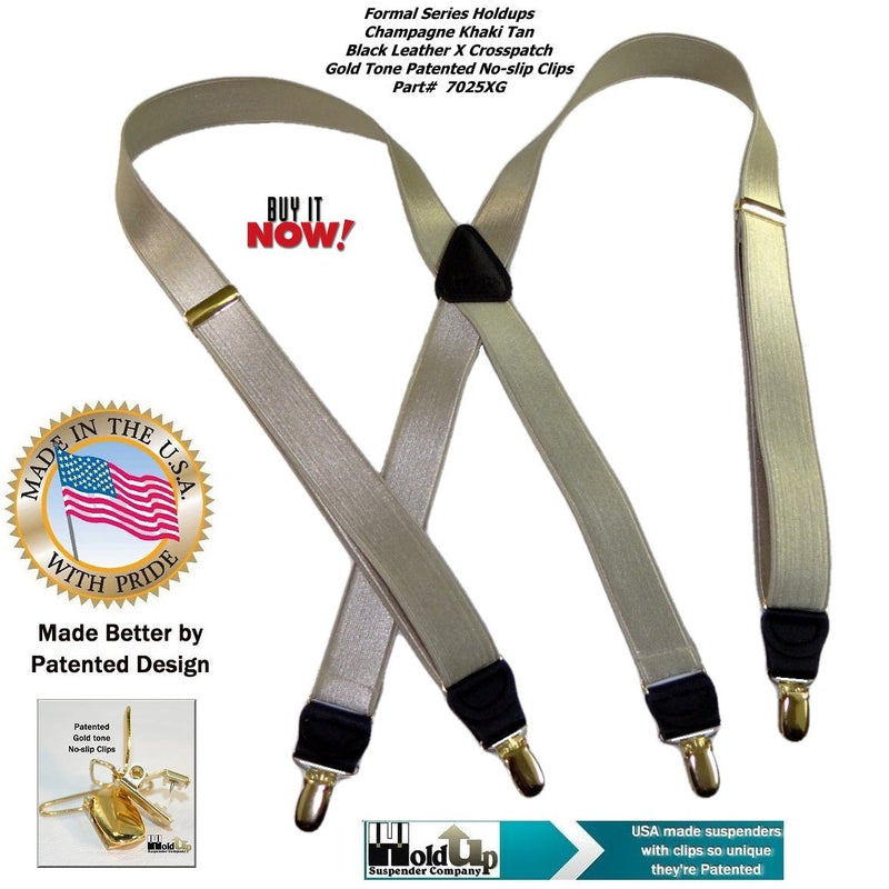 [Australia] - Holdup Suspender Brand Champagne GoldenTan narrow 1" Formal Series Suspenders with X-back crosspatch and patented Gold-tone no-slip Clips 