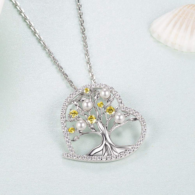 [Australia] - Pearl Tree of Life Jewelry for Women Birthday Gifts Citrine Necklace for Mom Wife Sterling Silver Love Heart Jewelry Citrine Pearl Tree of Life Necklace 
