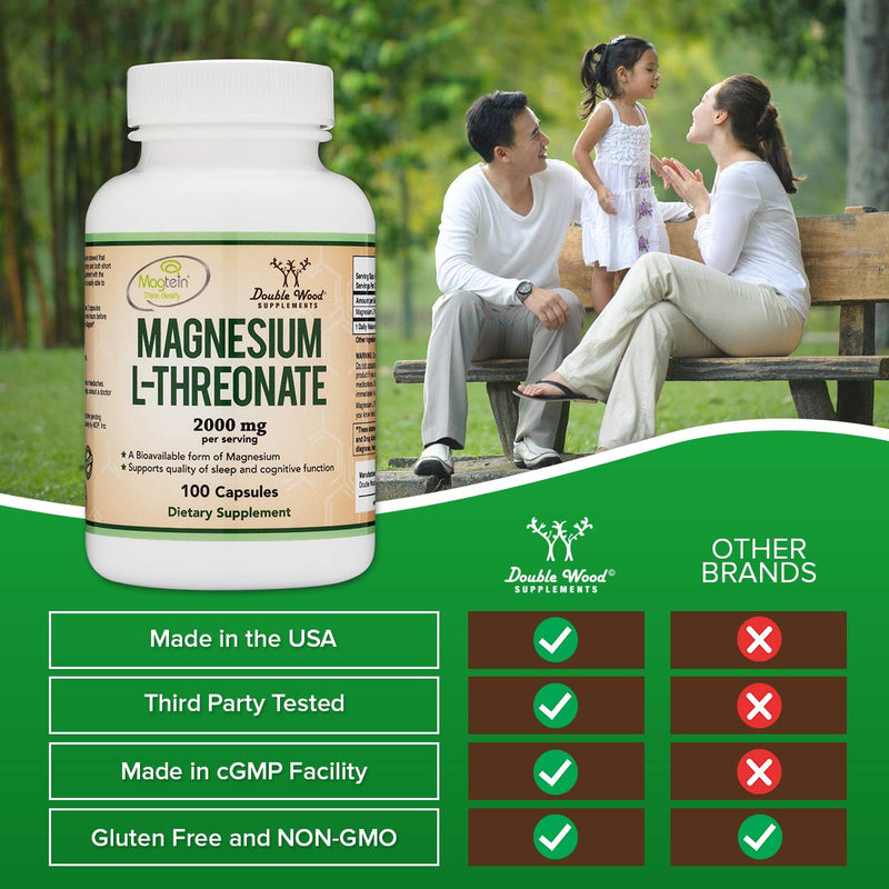 [Australia] - Double Wood Magnesium L Threonate Supplement | 100 High Strength Magnesium L Threonate Capsules - 2000mg Bioavailable Form Magnesium per Serving | Non-GMO & Gluten Free 