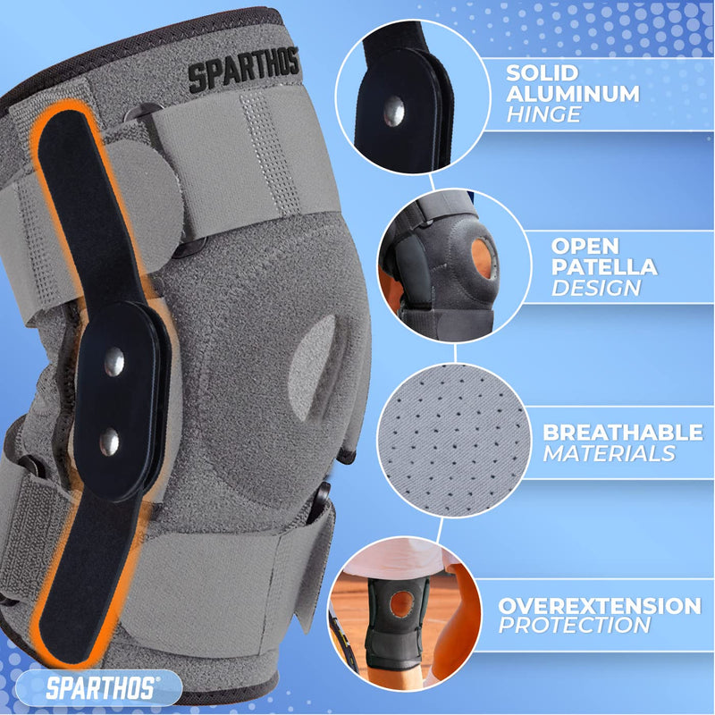 [Australia] - Sparthos Hinged Knee Brace - Relieves ACL, MCL, Meniscus Tear, Arthritis, Tendon Pain - Open Patella Design with Dual Metal Side Stabilizers - Support for Running, Knee Pain, For Men and Women (Large) Gray/Black Large 
