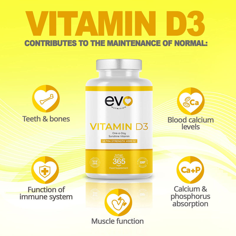 [Australia] - Vitamin D 4000IU High Strength Supplement | 365 Vitamin D3 Softgels - 1 Year Supply (not Tablets) | Vit D3 | One-a-Day | High Absorption Cholecalciferol | Made in UK 