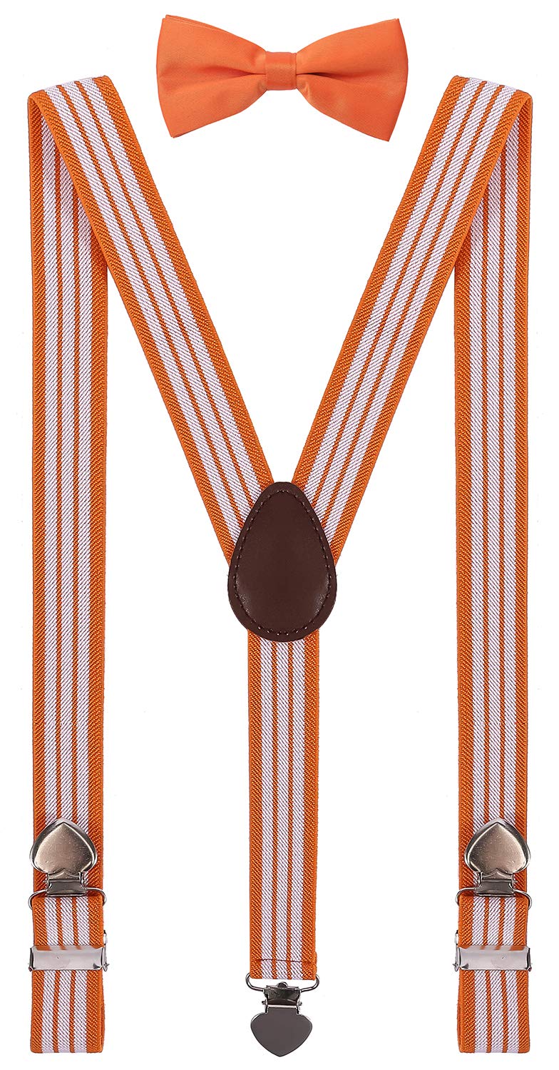 [Australia] - WDSKY Mens Boys Suspenders and Bow Tie Set for Wedding with Heart Clips 47" adult Orange Stripe 