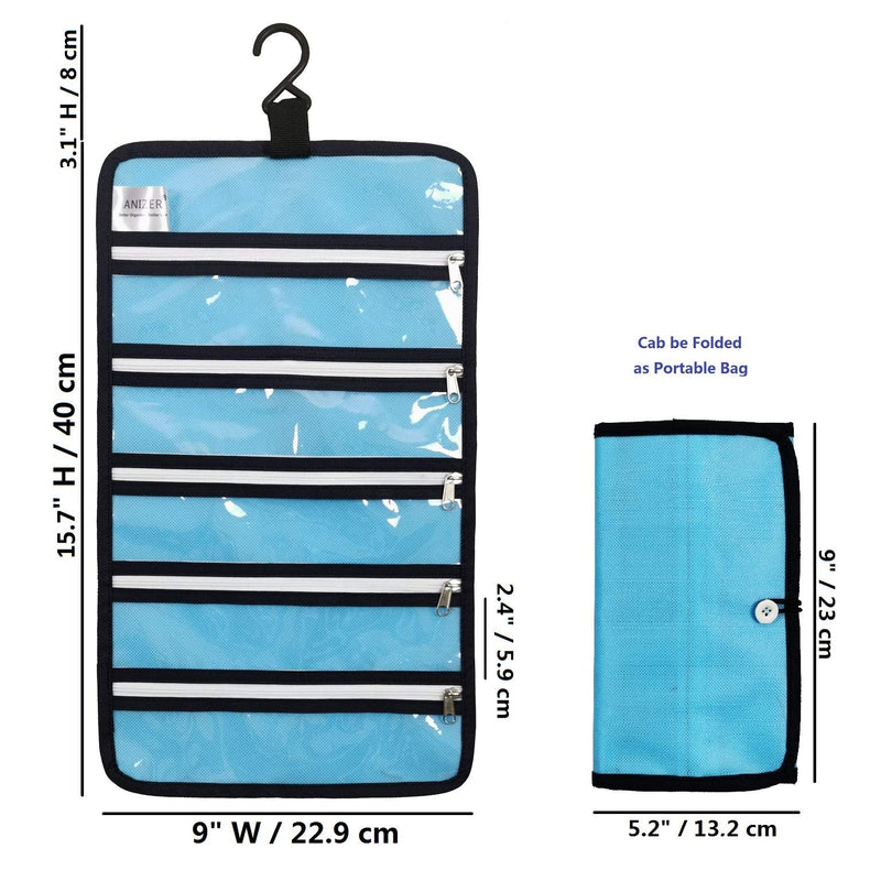 [Australia] - ANIZER Watch Band Storage Roll Holders Hanging Organizer for Watch Band Straps Accessories with 5 Zippered Clear Pockets (Blue) Blue 