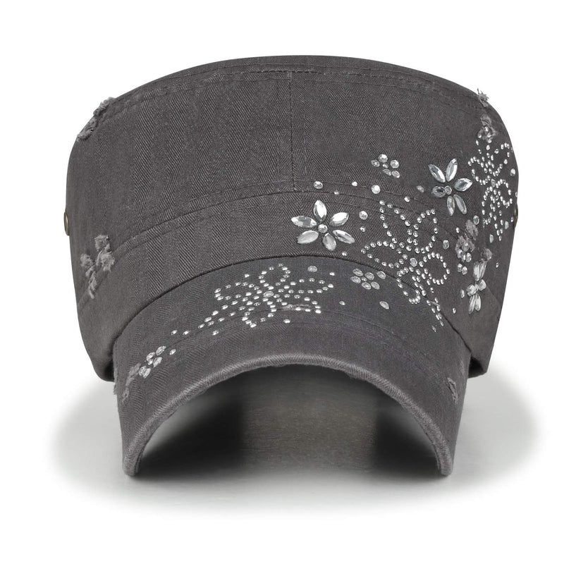 [Australia] - ililily Crystal Gemstone Stud Flower Vintage Cotton Military Army Hat Cadet Cap L Charcoal Grey 