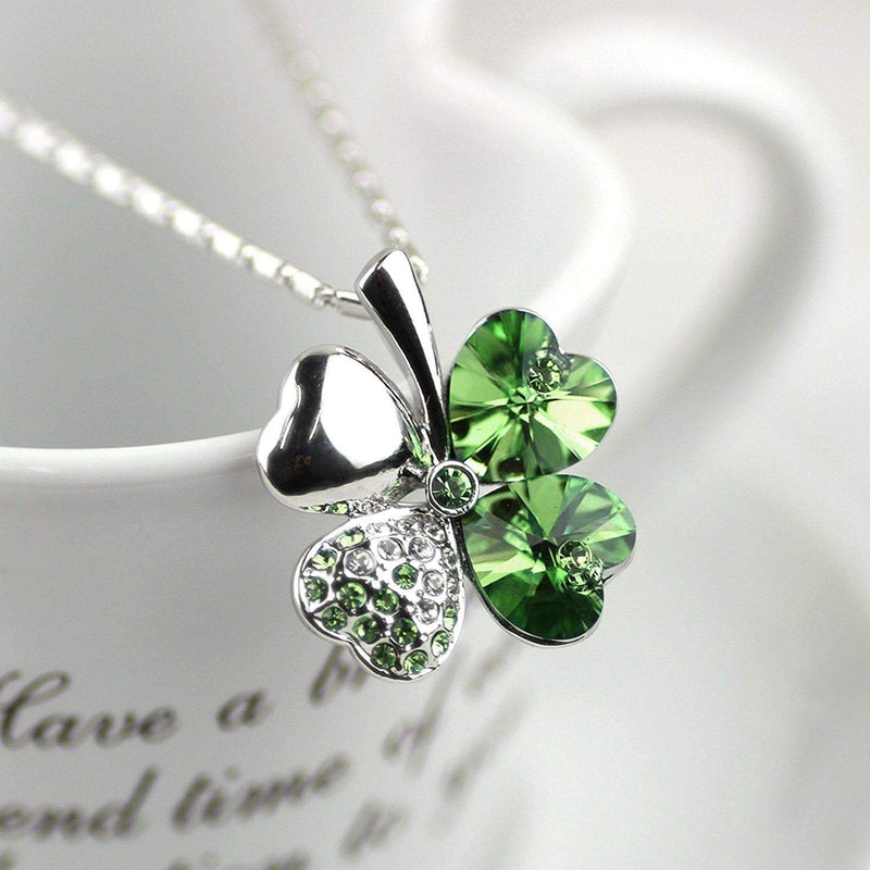 [Australia] - Four Leaf Clover Necklace - Green St.Patrick's Day Shamrock Jewelry - Good Luck - Green Clover Necklace, Earrings, Bracelet, Brooch - Crystals and Rhinestones - Mall of Style Silver Necklace 