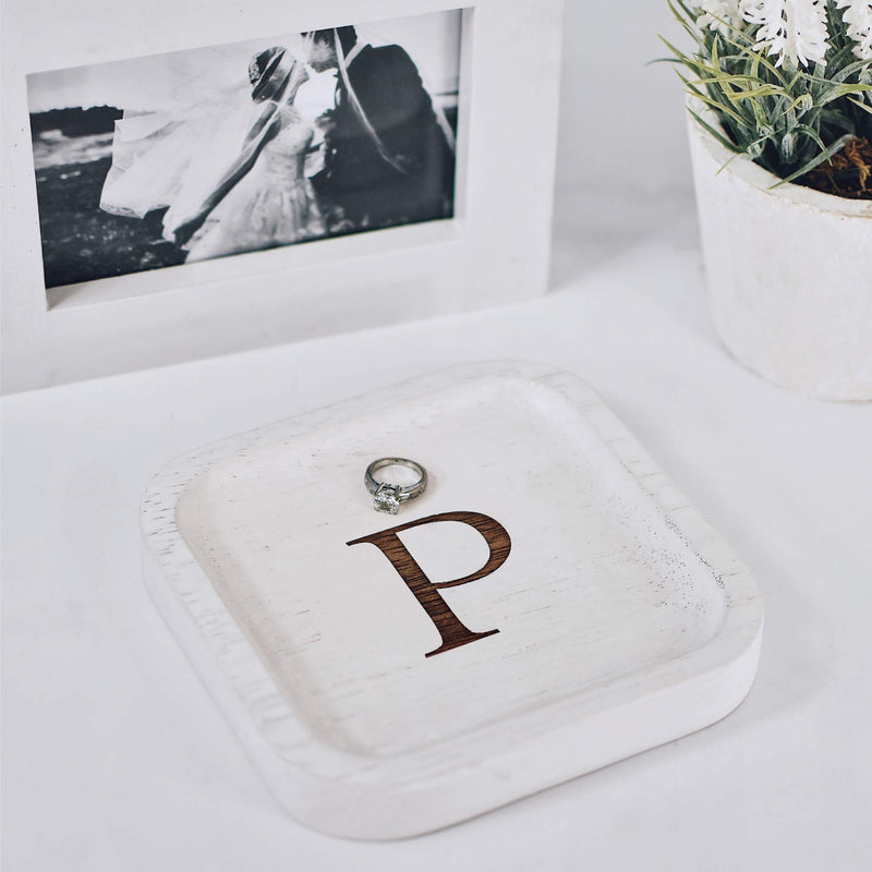 [Australia] - Solid Wood Personalized Initial Letter Jewelry Display Tray Decorative Trinket Dish Gifts For Rings Earrings Necklaces Bracelet Watch Holder (6"x6" Sq White "P") 6"x6" Sq White "P" 