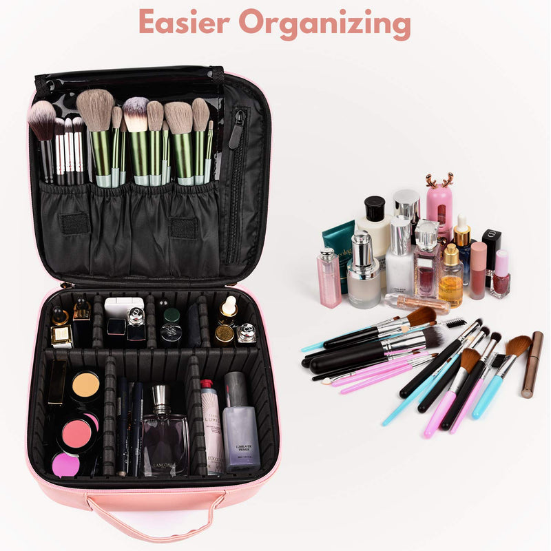 [Australia] - Travel Makeup Case PU Leather Professional Cosmetic Train Cases Artist Storage Bag Make Up Tool Boxes Brushes Bags with Compartments Waterproof Detachable Vanity Organizer(Pink) M Pink 
