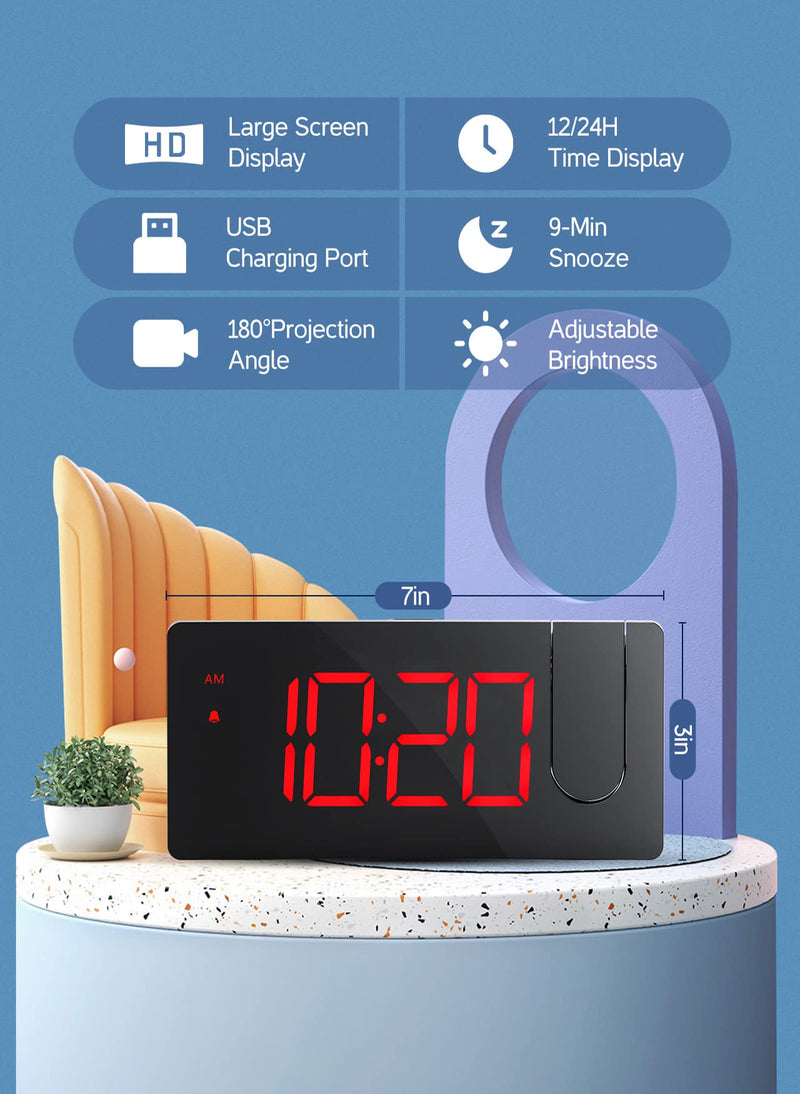 [Australia] - Projection Alarm Clock for Bedrooms, Red Digital Clock Projection on Ceiling Wall with USB Charging Port, 3-Level Brightness 180° Projector and Screen, 12/24H, Snooze, Bedside Clock for Elders, Adults 