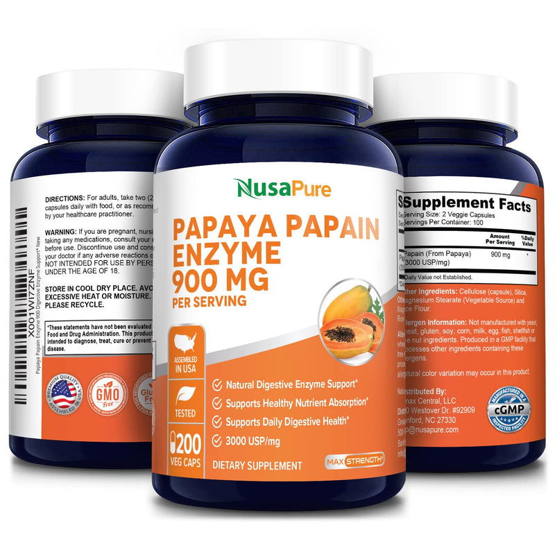 [Australia] - Papaya Papain Enzyme 900mg 200 Veggie Caps (100% Vegetarian, Non-GMO & Gluten Free) 