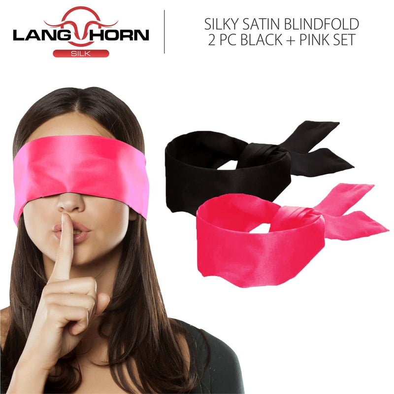 [Australia] - 2 pcs Silk Satin Blindfold Eye Cover Silk Sleeping mask Valentine Gift 155cm / 62” (Black+Bright Pink) Black+bright Pink 