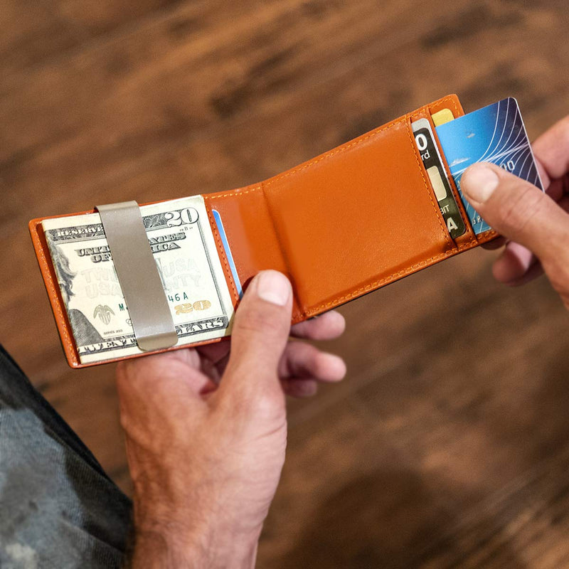 [Australia] - F&H Minimalist Slim Leather Wallet Money Clip Holds 8 Cards Charcoal / Rust 