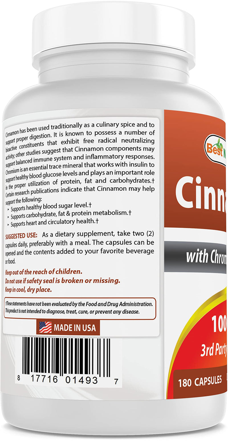 [Australia] - Best Naturals Cinnamon 1000 mg with Chromium 200 mcg 180 Capsules (180 Count (Pack of 1)) 180 Count (Pack of 1) 