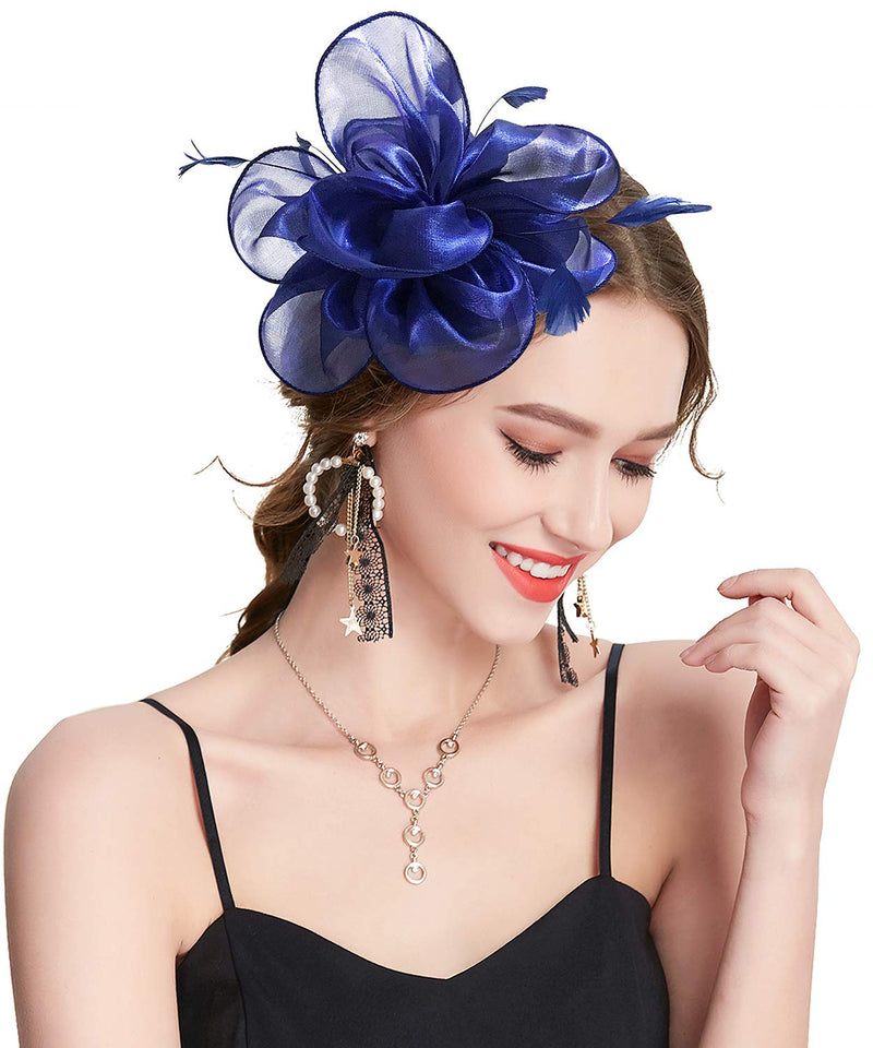 [Australia] - Z&X Sinamay Fascinator Kentucky Derby Church Hats for Women Floral Feather Tea Party Hat Bridal Headpiece with Headband Clip 029- Navy Blue 