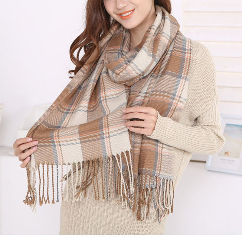 [Australia] - Wander Agio Women's Fashion Long Shawl Big Grid Winter Warm Lattice Large Scarf Beige 