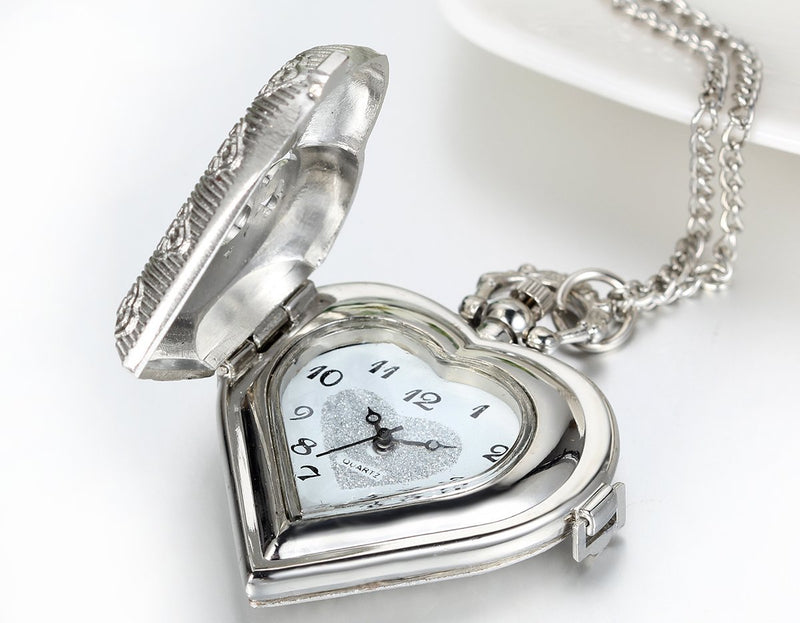 [Australia] - JewelryWe Vintage Pocket Watch,Heart Locket Style Pendant Pocket Watch Necklace for Girls Lady Women Silver-wings 