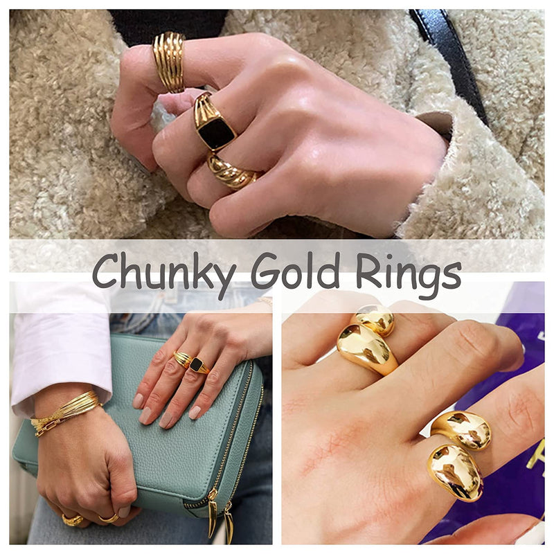 [Australia] - WFYOU 8PCS 18K Gold Plated Chunky Rings for Women Girls Thick Dome Chunky Gold Ring Set Croissant Signet Minimalist Statement Ring Jewelry Size 5-9 