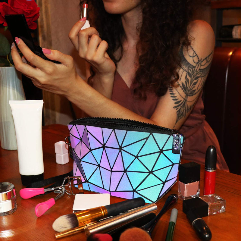 [Australia] - Tikea Cosmetic Bag - Small Makeup Pouch Geometric Luminous Foldable Clutch Fashion Toiletry Beauty Bag Travel Cosmetic Wristlets, Holographic and Reflective Clutch Bag Luminous 