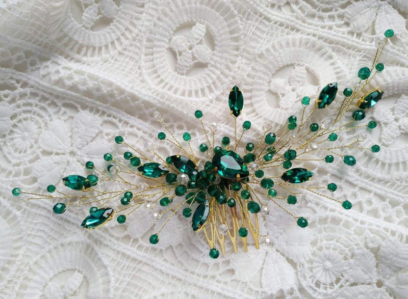 [Australia] - BERYUAN Women Gold Headpiece Teardrop Emerald Green Crystal Hair Vine Comb Wedding Hair Accessory Rhinestone Hair Piece Gift for Her Party Headress for Bride Bridesmaid Girls(Gold) 