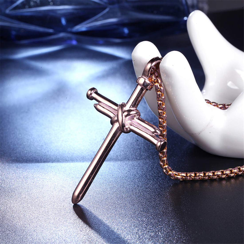 [Australia] - HIJONES Men's Stainless Steel Nail Cross Charm Pendant Necklace Polished Gold Silver Black Rose Gold 