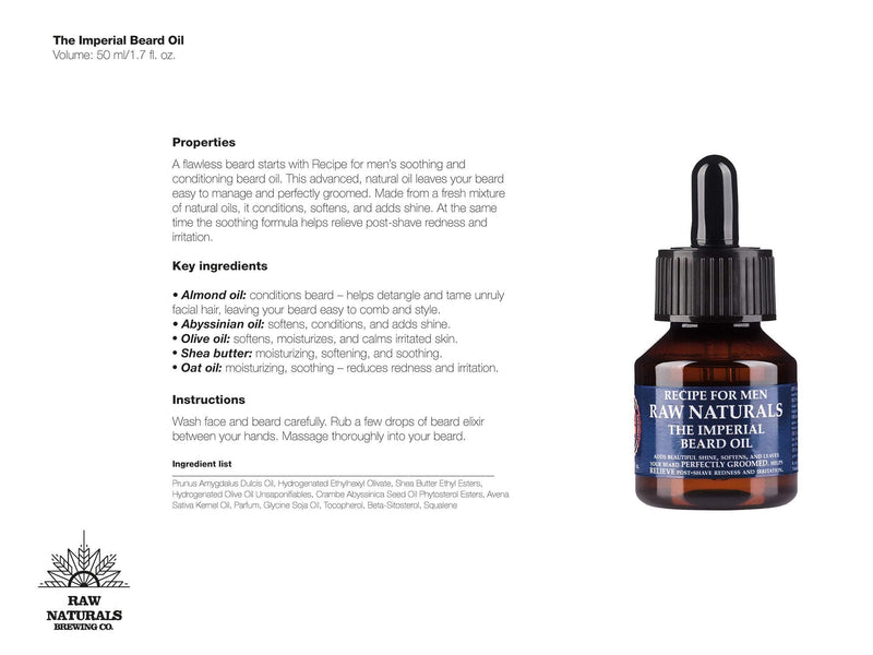 [Australia] - Raw Naturals IMPERIAL BEARD OIL for Men | Natural Beard Growth Oil with soothing Almond & Oat | Conditions, softens and shines | Natural product from Swedish Skincare Microbrewery | 50ml 