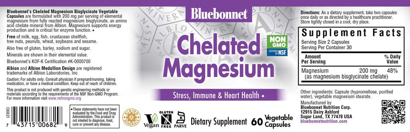 [Australia] - Bluebonnet Nutrition Albion Chelated Magnesium Vegetable Capsule, 200 mg, Stress Relief, Vegan, Non GMO, Gluten Free, Soy Free, Milk Free, Kosher, 60 Vegetable Capsule, 1 Month Supply 