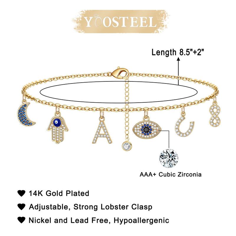 [Australia] - Evil Eye Ankle Bracelets for Women, 14K Gold Plated Horseshoe Blue CZ Moon Infinity Hamsa Hand Evil Eye Symbolic Jewelry Initial Evil Eye Anklets for Women A 