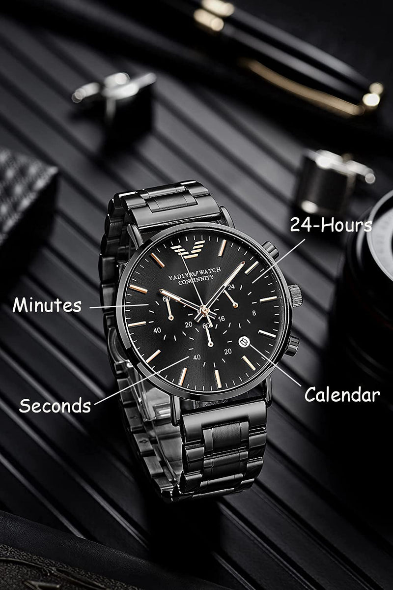 [Australia] - UNUORS Mens Analog Watches Chronograph Stainless Steel Wrist Watches for Men Fashion Quartz Watch Waterproof Luminous Watch with Calendar and Stopwatch Timing Mins/Seconds Black 