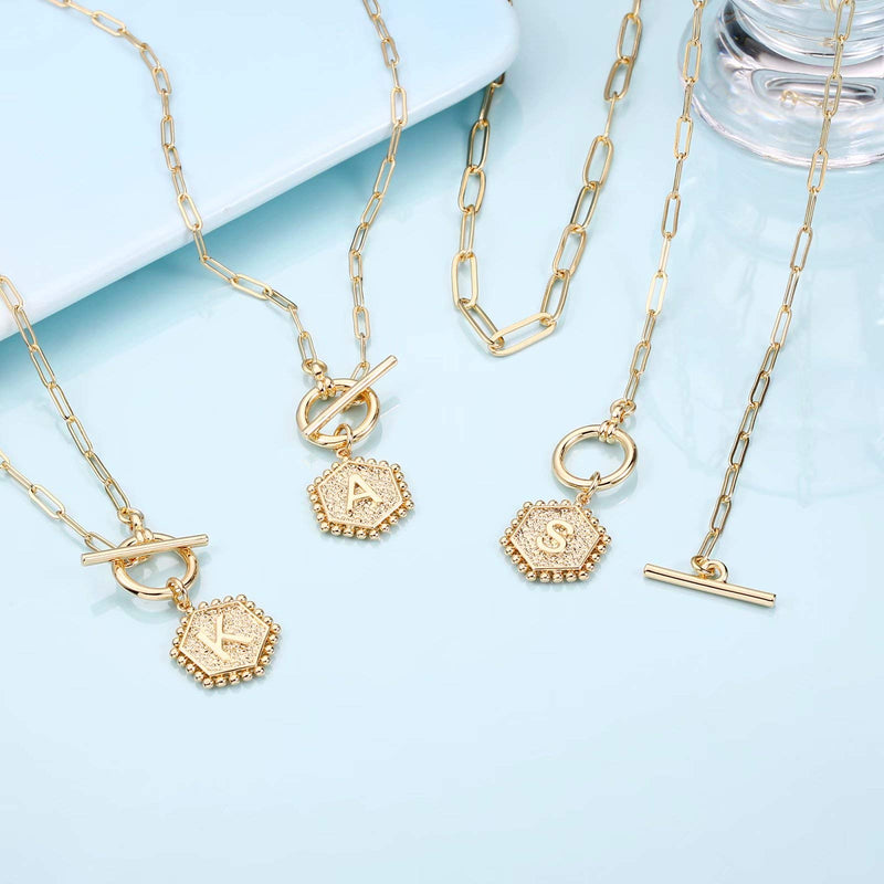 [Australia] - Layered Gold Initial Necklaces for Women, 14K Gold Plated Paperclip Link Chain Necklace Hexagon Letter Pendant Toggle Clasp Layering Necklaces for Women Gold Layered Initial Choker Necklaces for Women A 