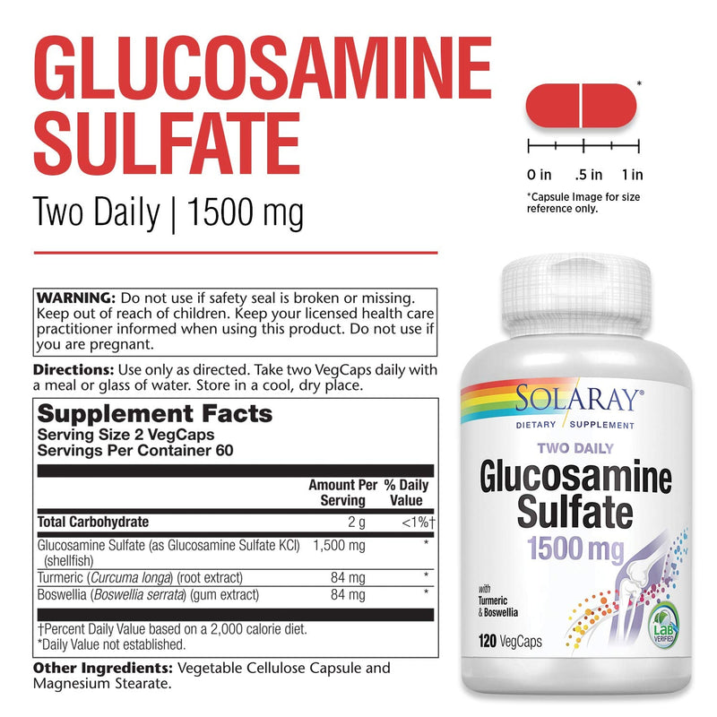 [Australia] - Solaray Glucosamine Sulfate 1500 mg, 2 Daily | Healthy Joint Support with Turmeric & Boswellia (60 Serv, 120 CT) 120 Count (Pack of 1) 