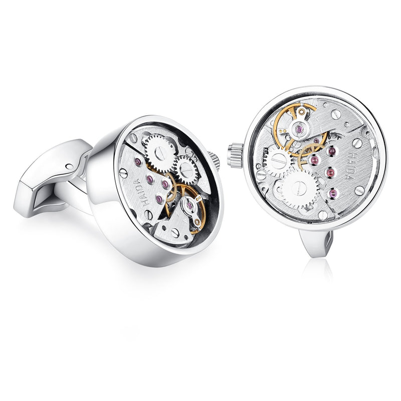 [Australia] - HONEY BEAR Cufflinks Mens Vintage Watch Movement Steampunk for Wedding Gift Silver 