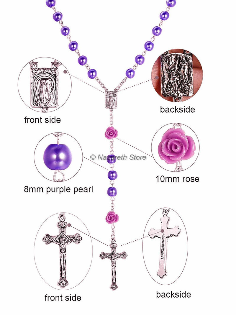 [Australia] - Nazareth Store Catholic Purple Pearl Beads Rosary Necklace Our Rose Lourdes Medal & Cross NS 