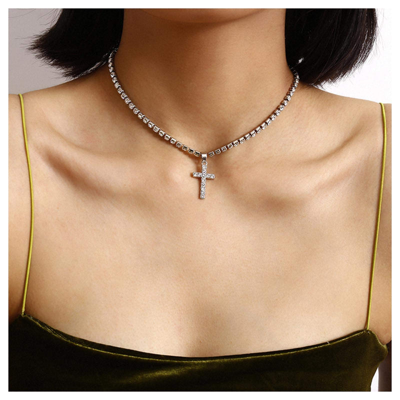 [Australia] - Crystal Cross Pendant Necklace Boho Rhinestone Crucifix Necklace Chain Jewelry for Women Girls (Silver) Silver 