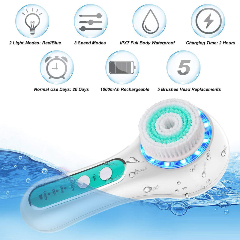 [Australia] - Facial Cleansing Brush, IPX7 Waterproof Face Scrubber with 3 Speed Modes, Face Brushes for Cleansing and Exfoliating with 5 Brush Heads, Removing Blackhead, Fully Rechargeable Green 