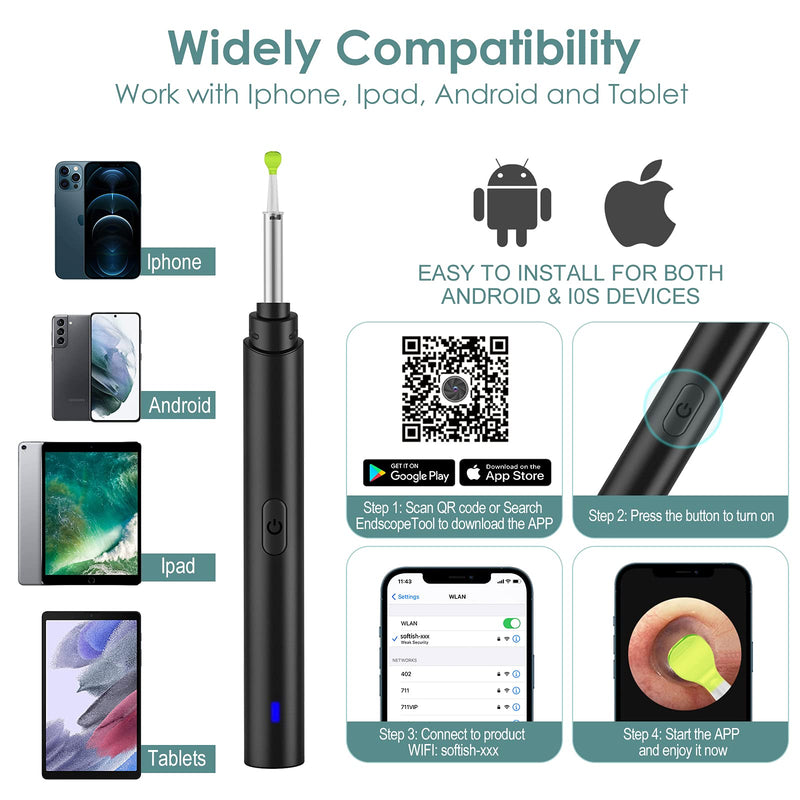 [Australia] - Ear Wax Removal Tool Camera, Smart Visual Ear Cleaner, 1296P FHD Wireless Ear Otoscope with 6 LED Lights, IP67 Waterproof WiFi Ear Cleaning Kit, Ear Camera for iPhone, iPad, Android Smart Phone, Black 
