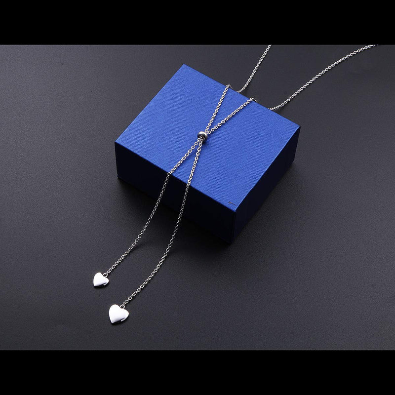 [Australia] - FLYOW Long Chain Dainty Necklace Simple Style 925 Sterling Silver Heart Pendant Adjustable Y Shaped Necklace Jewelry Two heart 