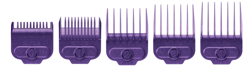[Australia] - Andis - Nano-silver Magnetic Attachment 5 Combs - Suitable for Hair Clipper Trimmer, Professional Use, Easy Clean, and Long-Lasting - Small Sizes, 6", 8", 4", 3/8", and 2" - Purple 
