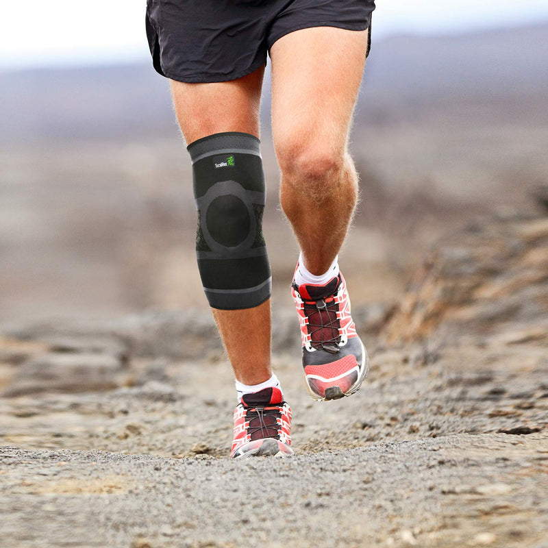 [Australia] - TechWare Pro Knee Compression Sleeve - Knee Braces for Knee Pain. Knee Sleeve with Side Stabilizers & Patella Gel Pads. Knee Brace for Working Out, Arthritis & Meniscus Tear. 5 Sizes. Single Pack X-Large Black/Gray 