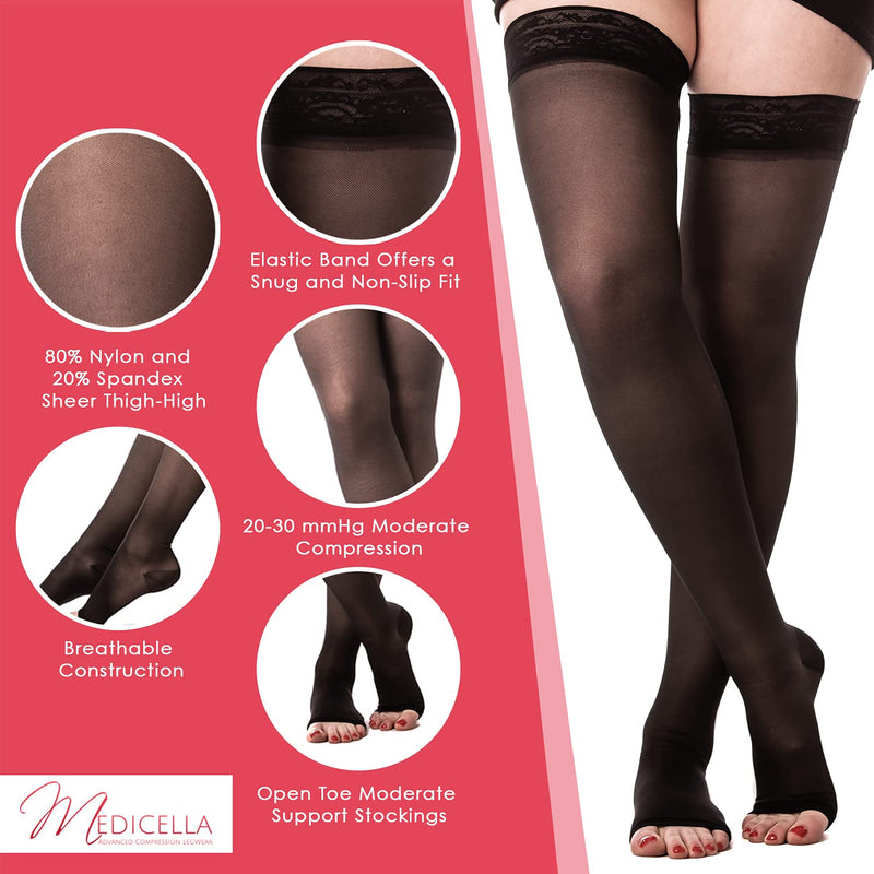 [Australia] - Medicella Thigh High Compression Stockings for Women Open Toe 20-30 mmHg Made in USA Medical Quality Firm Pressure Support Circulation (Black, Small) Black 