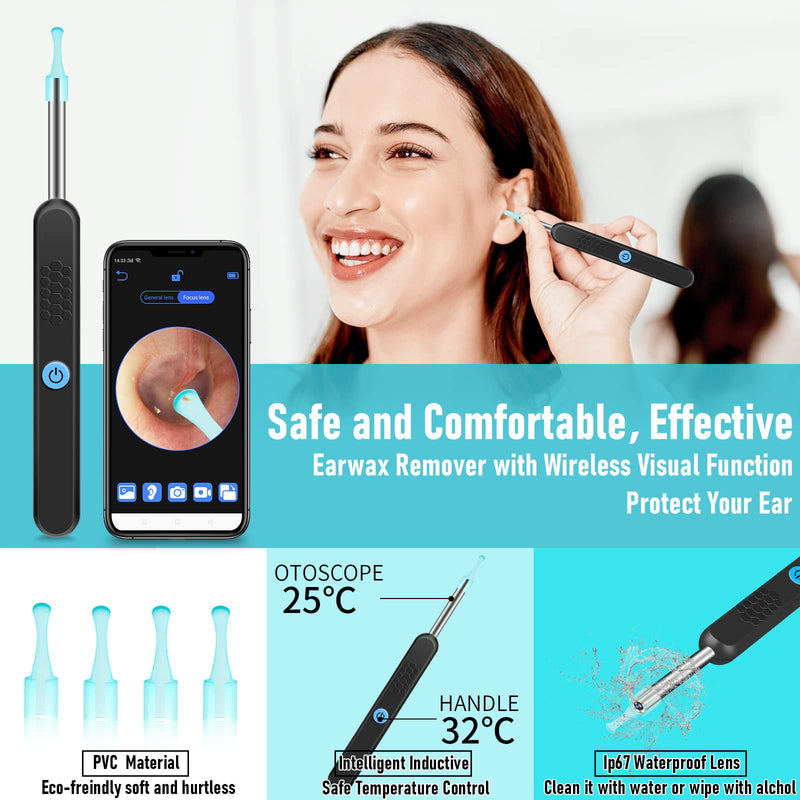 [Australia] - Topicy Ear Wax removel Kit Ear Camera and Wax Remover Ear Light Otoscope 2022 Newest 1296P Wireless Ear Wax Removal Tool Camera for iPhone, iPad, Android Phones, Black 