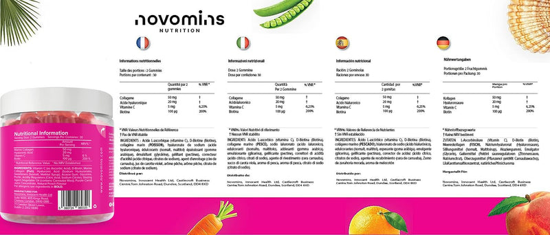 [Australia] - Collagen Gummies - Sugar Free Marine Collagen Gummies - Superior Type 1 Hydrolysed Collagen - Infused with Biotin, Vitamin C and Hyaluronic Acid - by Novomins 