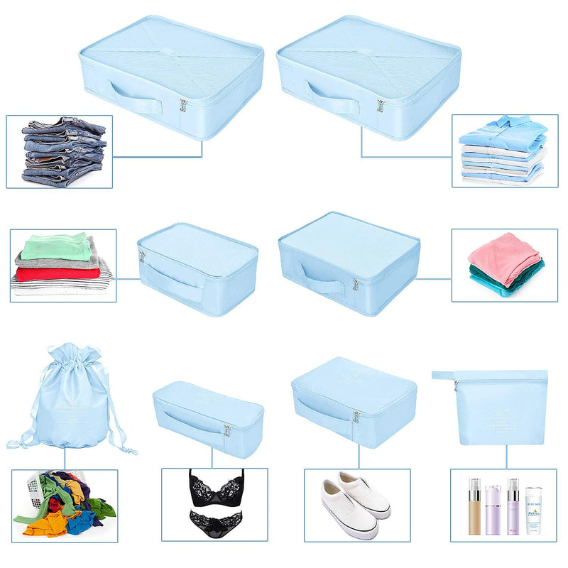 [Australia] - BETLLEMORY Packing Cubes 8 Sets Travel Luggage Organizers with Waterproof Shoe Storage Bag Compression Pouches(Light Blue) Light Blue 