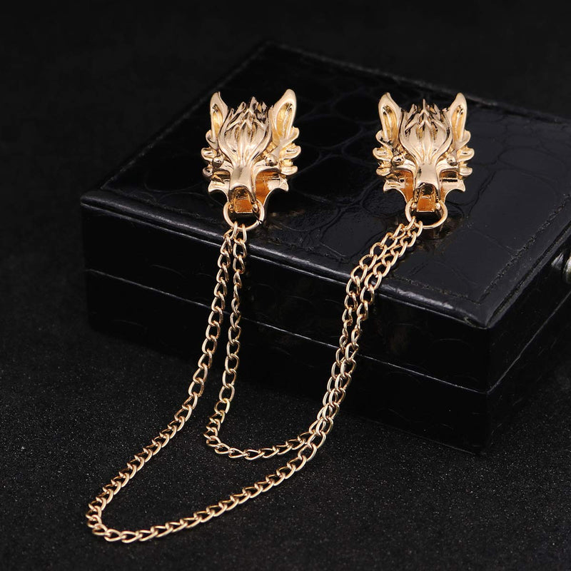 [Australia] - YOOE Punk Wolf Head Long Chain Brooch. Gold Silver Chain Tassel Brooch Pin, Cool Animal Head Collar Coat Pin for Men's Corsage Pin 