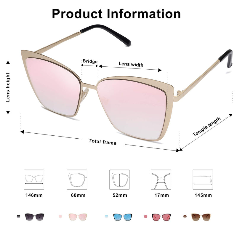 [Australia] - SOJOS Cateye Sunglasses for Women Fashion Mirrored Lens Metal Frame SJ1086 0c2 Gold Frame/Gradient Pink Mirrored Lens Multicoloured 