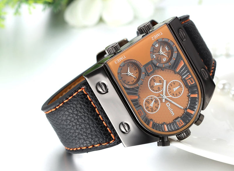 [Australia] - JewelryWe Mens Oversize 3 Time Zone Leather Quartz Military Sport Watches Orange 